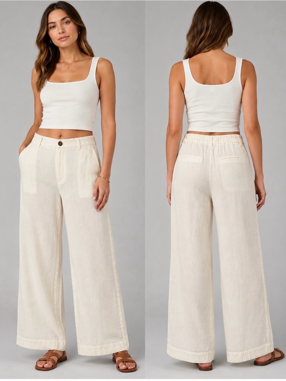A New Day Cream Wide Leg High Rise Trousers Lyocell Blend Size 12 Cream & White